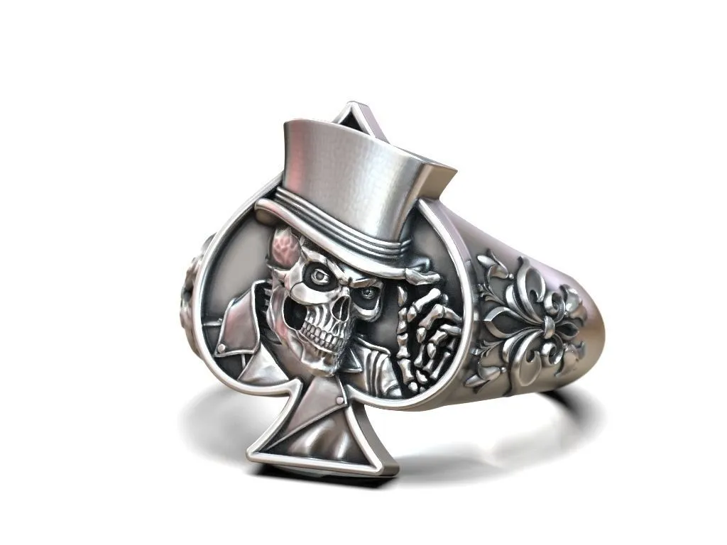 Silver ring featuring a detailed skull wearing a hat adorned with a spades playing card, symbolizing mystery and style, perfect for those who embrace a bold look.