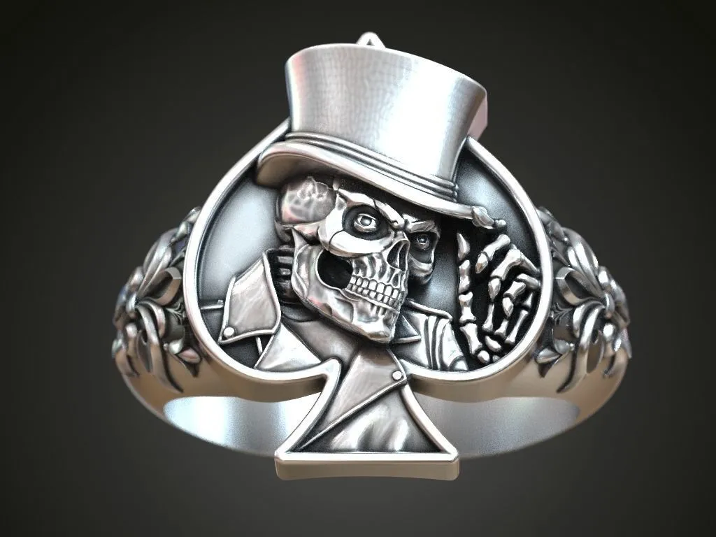 Silver ring featuring a detailed skull wearing a hat adorned with a spades playing card, symbolizing mystery and style, perfect for those who embrace a bold look.