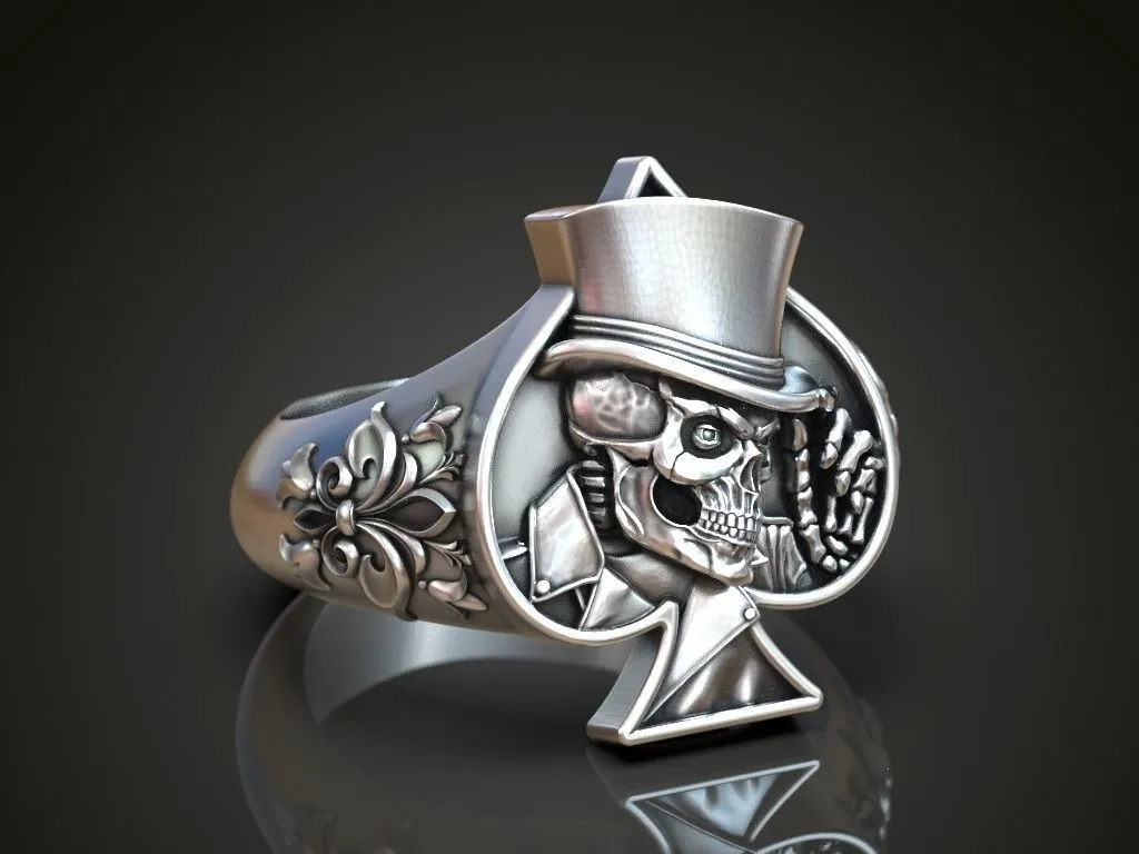 Silver ring featuring a detailed skull wearing a hat adorned with a spades playing card, symbolizing mystery and style, perfect for those who embrace a bold look.