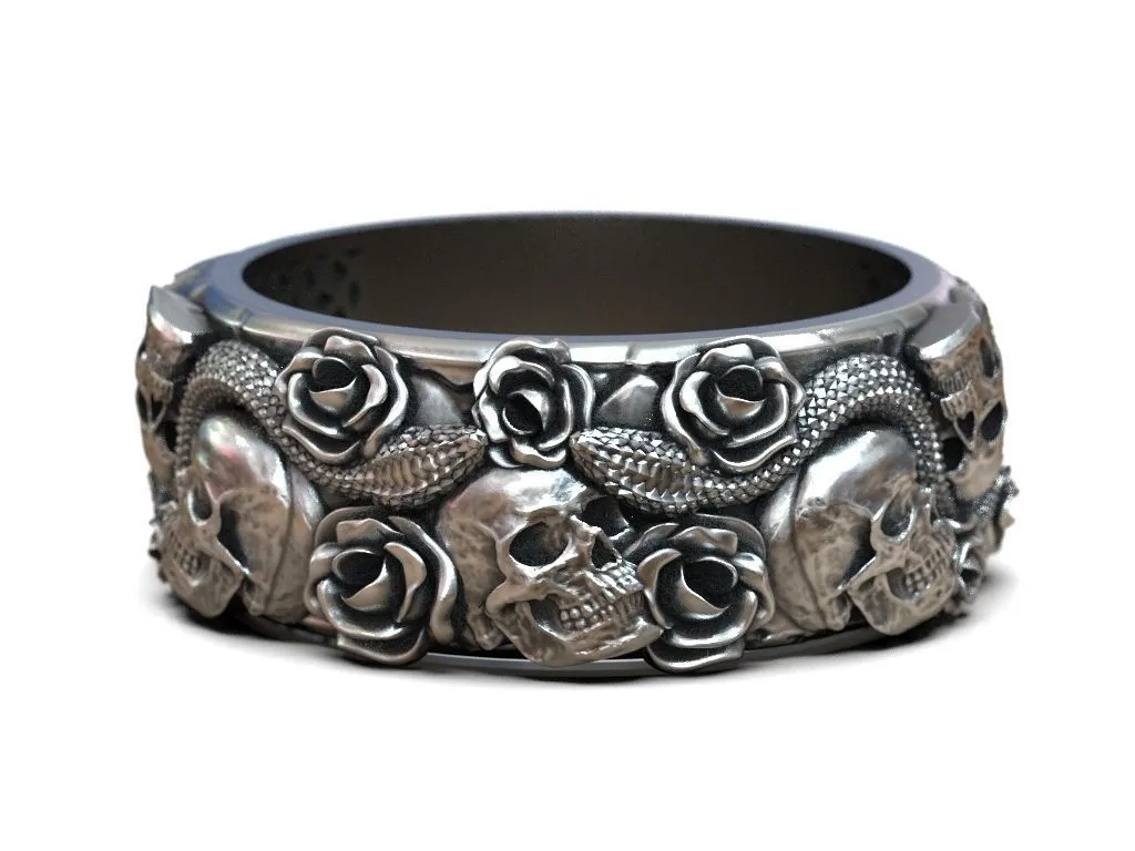 Ring Skulls Roses Viper Snake-1 Silver ring featuring a detailed depiction of skulls, roses, and a viper snake, symbolizing mystery and elegance, perfect for those who embrace a bold style.