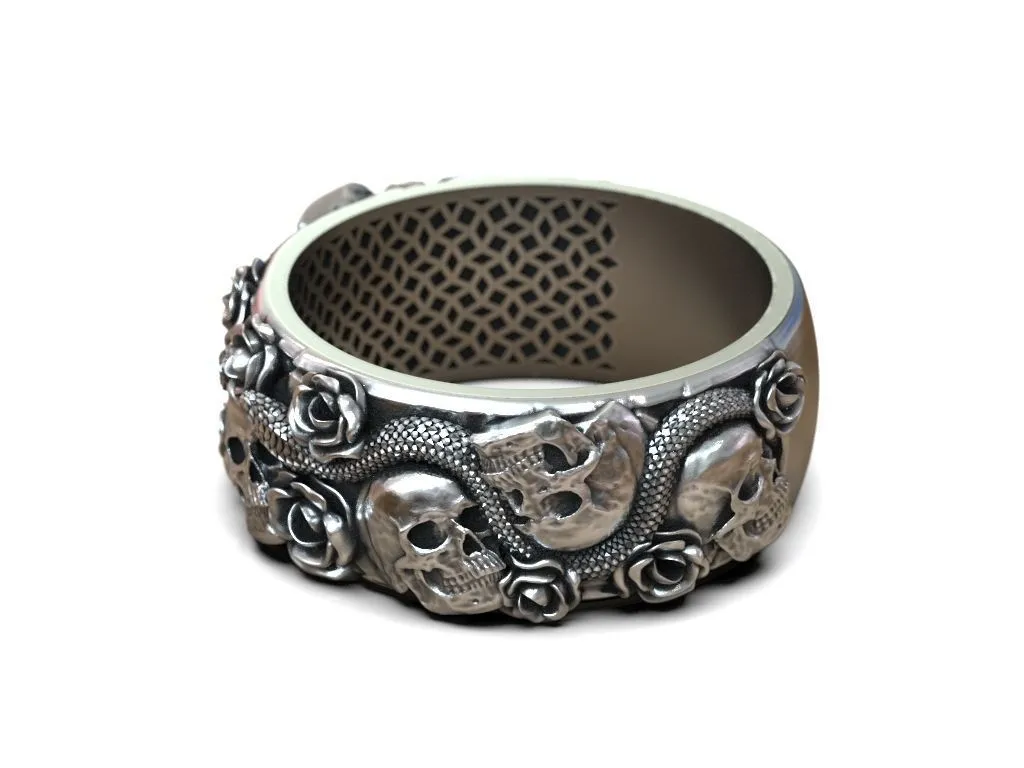 Ring Skulls Roses Viper Snake-2 Silver ring featuring a detailed depiction of skulls, roses, and a viper snake, symbolizing mystery and elegance, perfect for those who embrace a bold style.