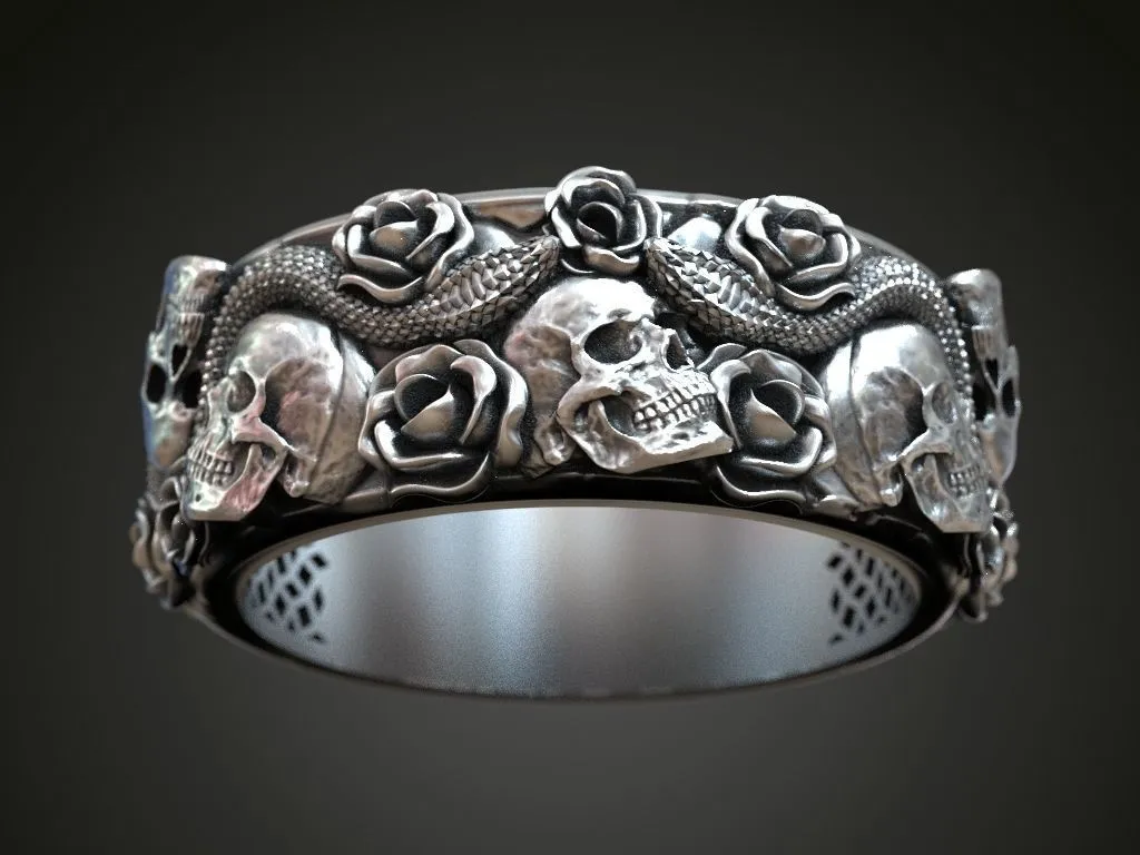 Ring Skulls Roses Viper Snake-3 Silver ring featuring a detailed depiction of skulls, roses, and a viper snake, symbolizing mystery and elegance, perfect for those who embrace a bold style.