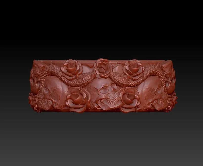 Ring Skulls Roses Viper Snake-4 Silver ring featuring a detailed depiction of skulls, roses, and a viper snake, symbolizing mystery and elegance, perfect for those who embrace a bold style.