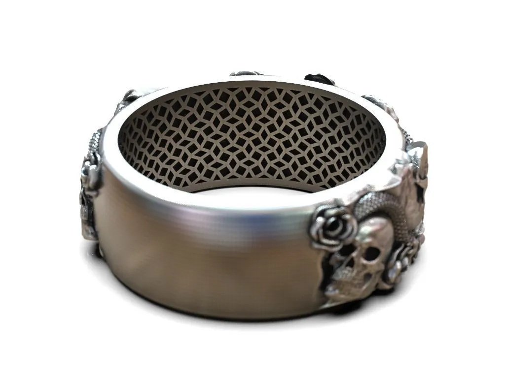 Ring Skulls Roses Viper Snake-7 Silver ring featuring a detailed depiction of skulls, roses, and a viper snake, symbolizing mystery and elegance, perfect for those who embrace a bold style.
