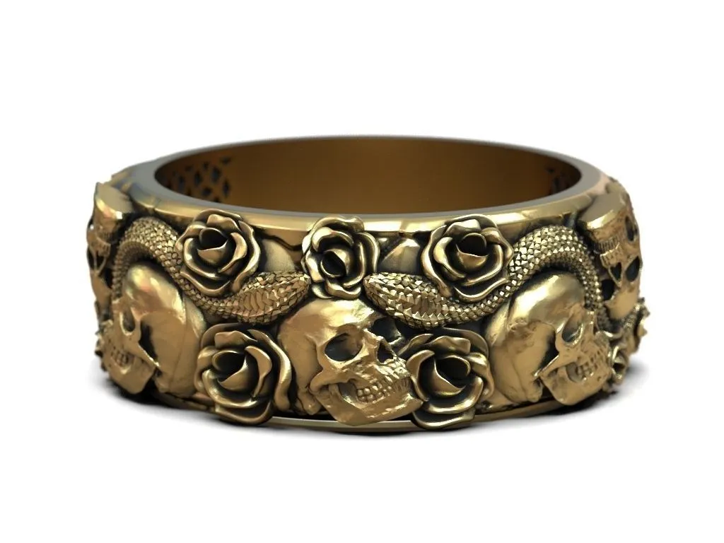 Ring Skulls Roses Viper Snake-9 Silver ring featuring a detailed depiction of skulls, roses, and a viper snake, symbolizing mystery and elegance, perfect for those who embrace a bold style.