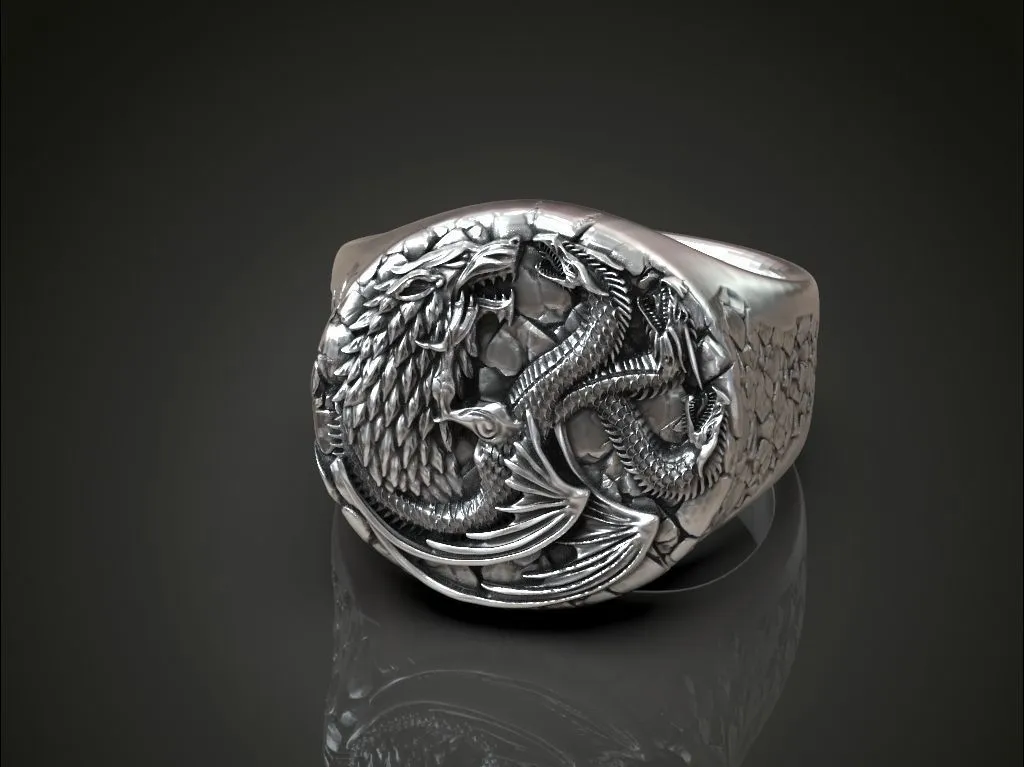 Silver ring featuring a detailed depiction of a direwolf and a dragon, symbolizing legacy and power, perfect for those who embrace a bold style.