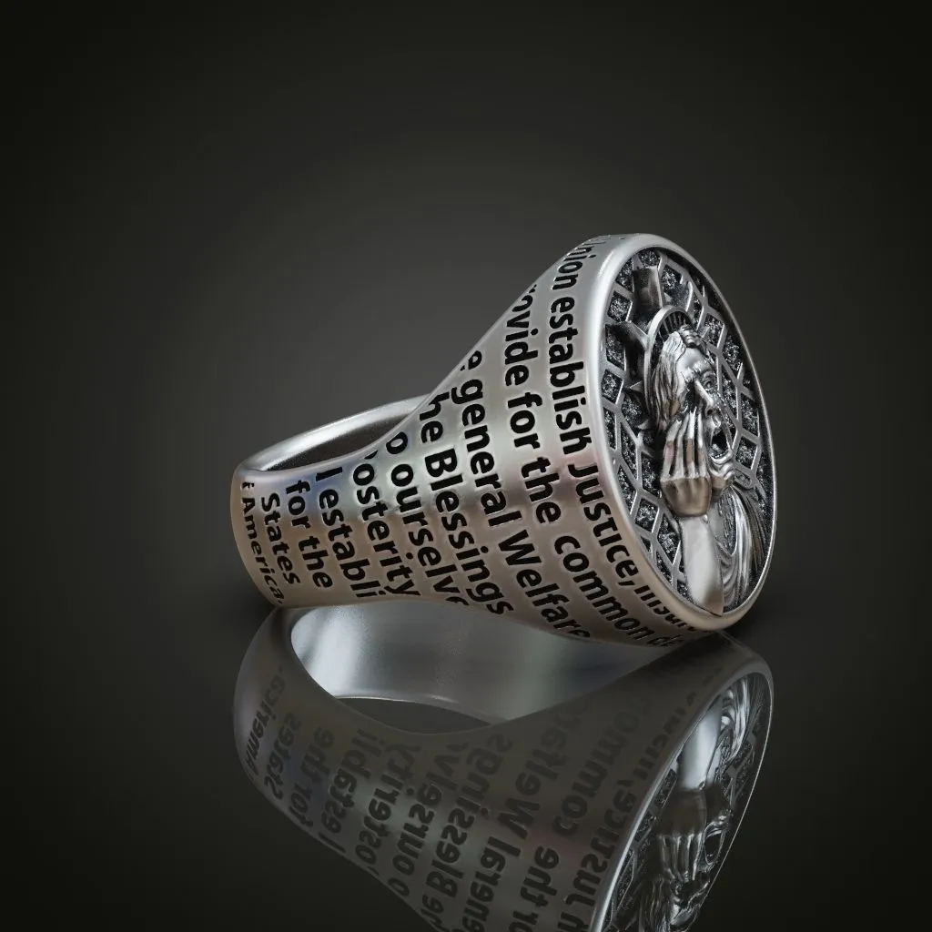 Ring Statue of Liberty Crying Usa Constitution-1 Silver ring featuring a detailed depiction of the Statue of Liberty shedding a tear over the USA Constitution, symbolizing strength and resilience, perfect for those who embrace a bold style.