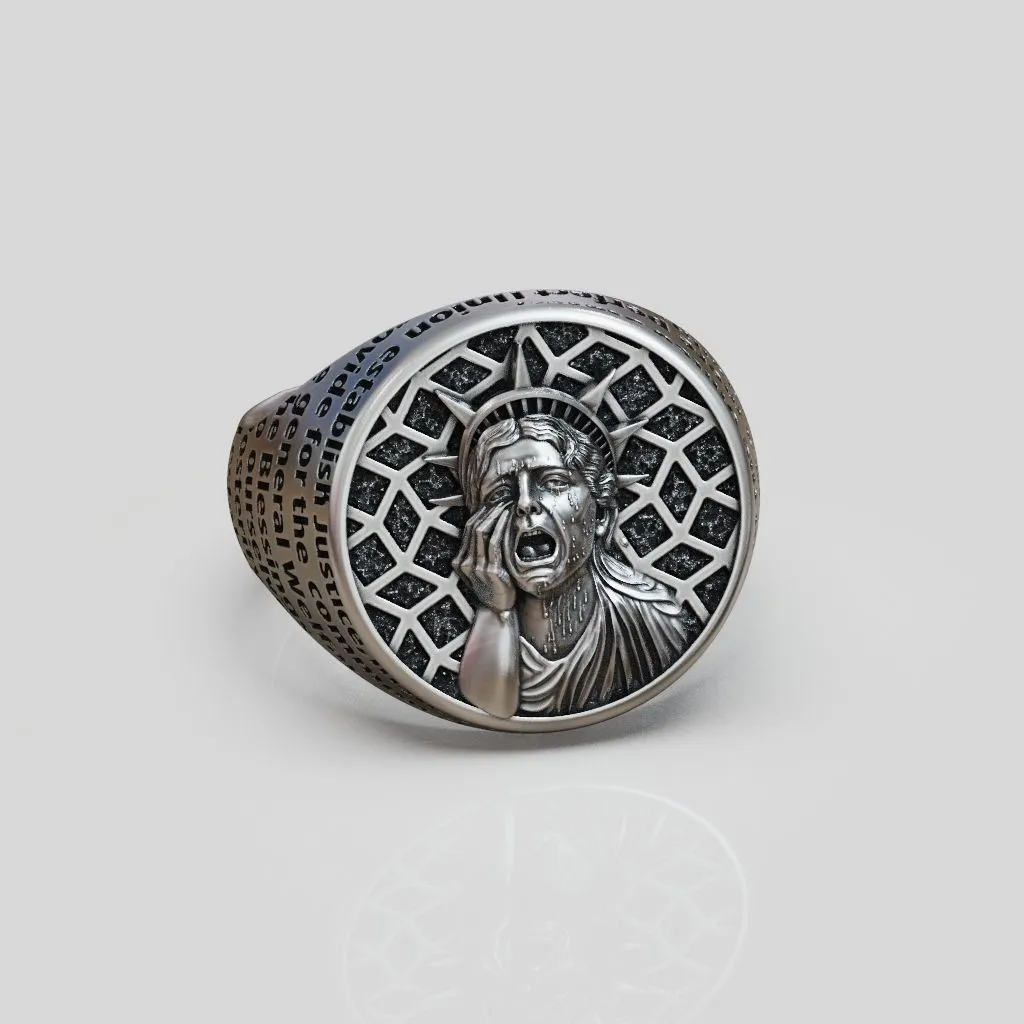 Ring Statue of Liberty Crying Usa Constitution-2 Silver ring featuring a detailed depiction of the Statue of Liberty shedding a tear over the USA Constitution, symbolizing strength and resilience, perfect for those who embrace a bold style.