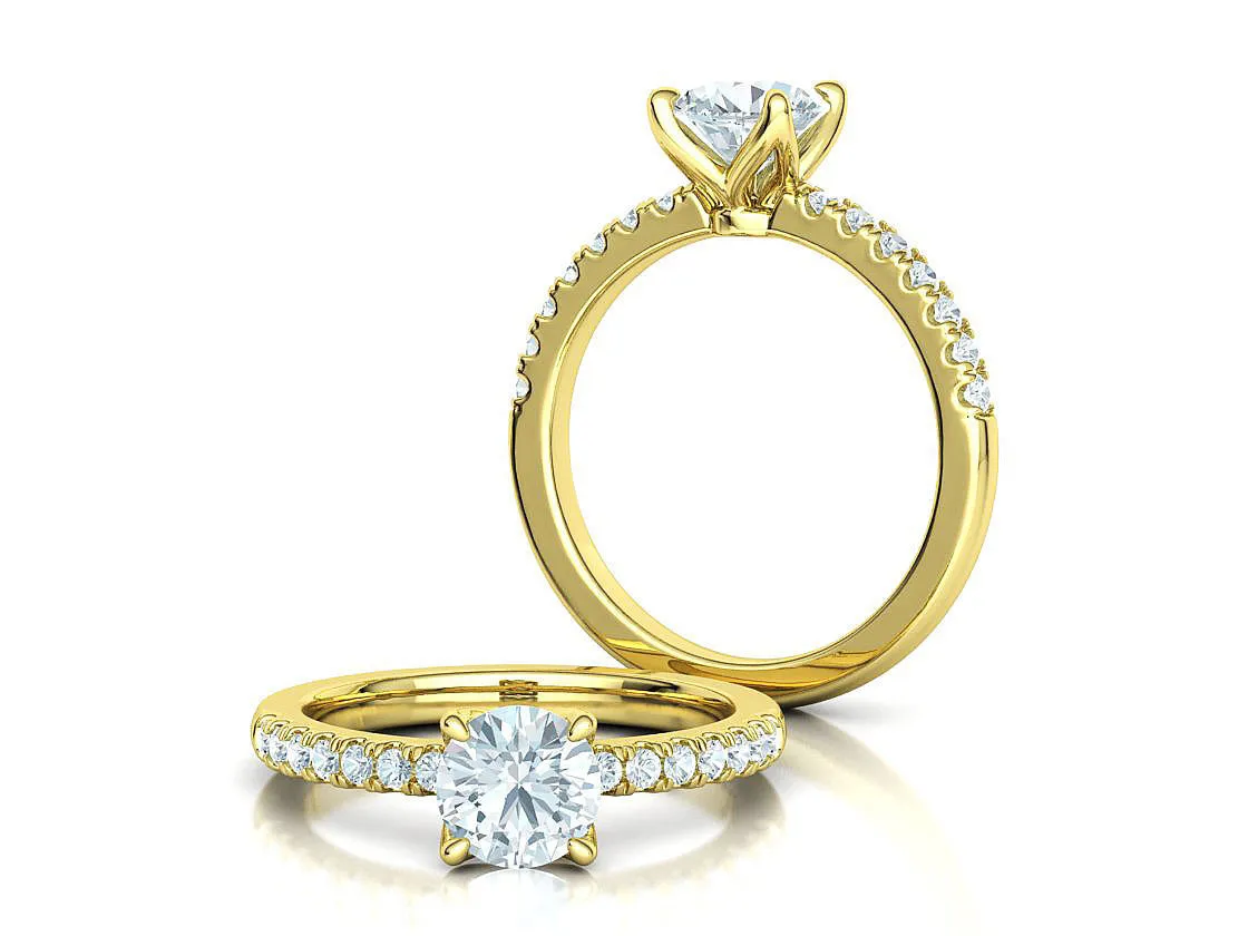 High-polished Pavé Halo Solitaire Ring with a central solitaire diamond and pavé-set diamonds, symbolizing luxury and elegance, perfect for any occasion.