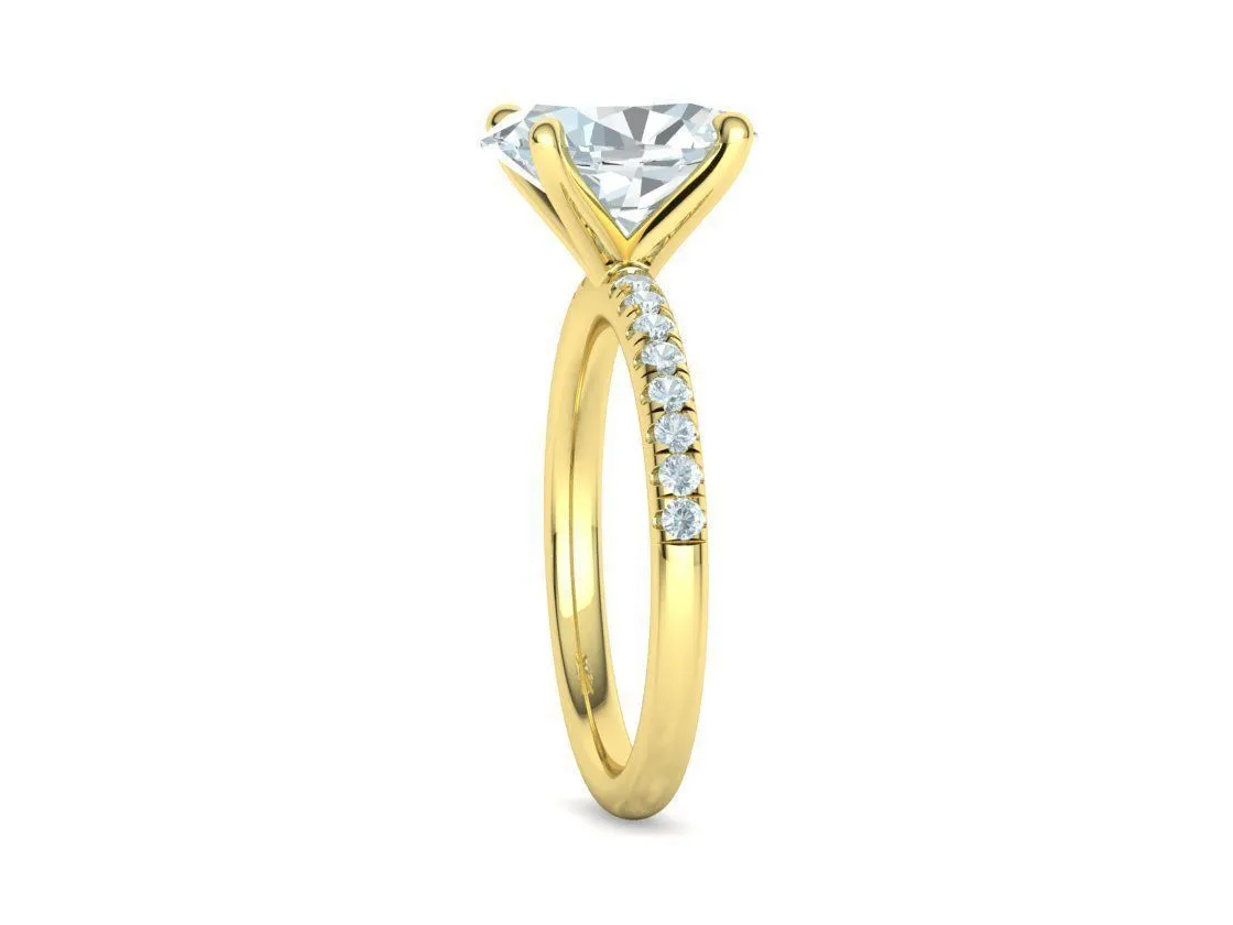 High-polished Oval Pavé Solitaire Ring with a brilliant oval solitaire diamond and pavé-set band, symbolizing luxury and elegance, perfect for any occasion.