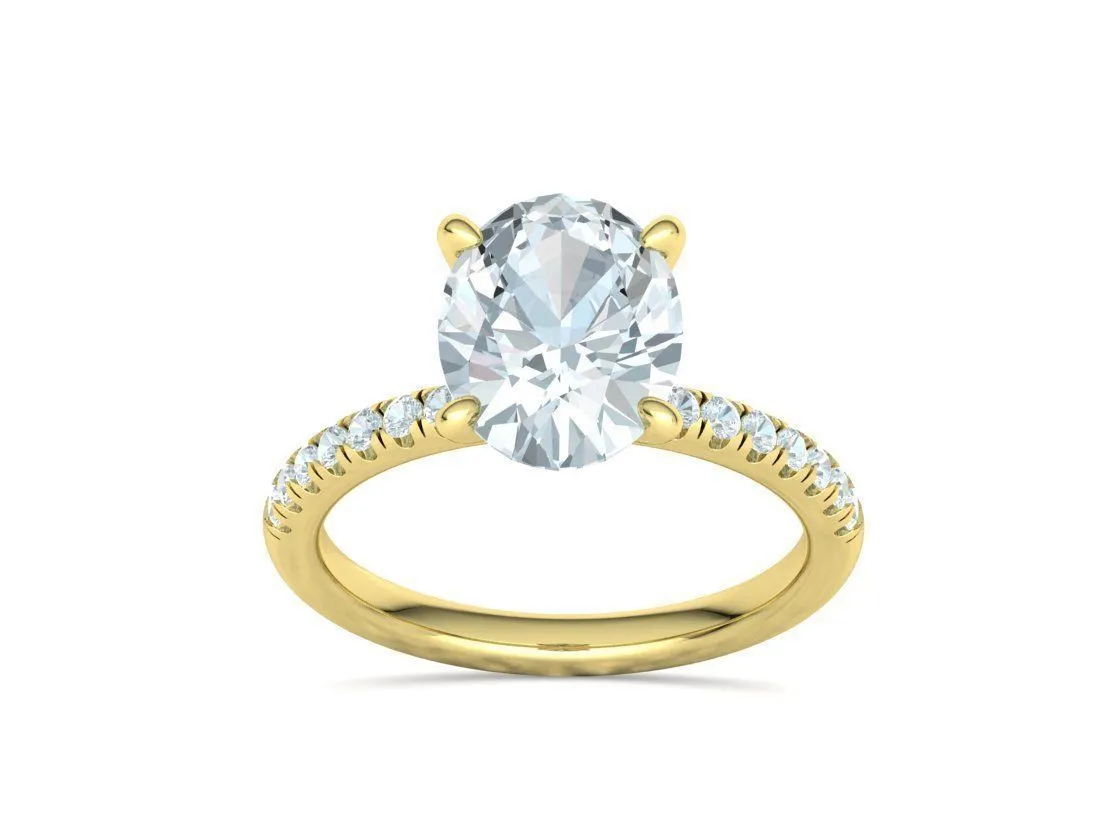 High-polished Oval Pavé Solitaire Ring with a brilliant oval solitaire diamond and pavé-set band, symbolizing luxury and elegance, perfect for any occasion.