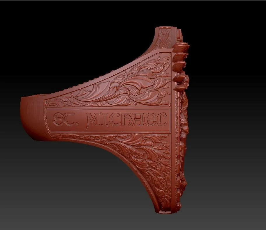 Silver ring featuring a detailed depiction of Saint Michael with dragon wings, symbolizing protection and strength, perfect for those who embrace a bold style.