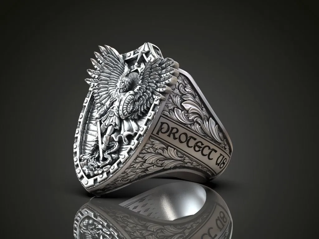 Silver ring featuring a detailed depiction of Saint Michael with dragon wings, symbolizing protection and strength, perfect for those who embrace a bold style.
