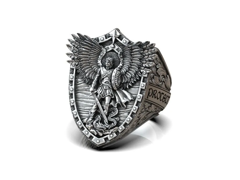 Silver ring featuring a detailed depiction of Saint Michael with dragon wings, symbolizing protection and strength, perfect for those who embrace a bold style.