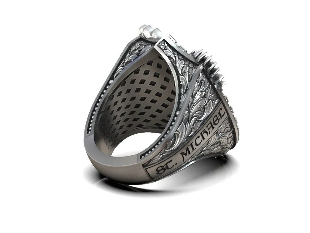 Silver ring featuring a detailed depiction of Saint Michael with dragon wings, symbolizing protection and strength, perfect for those who embrace a bold style.