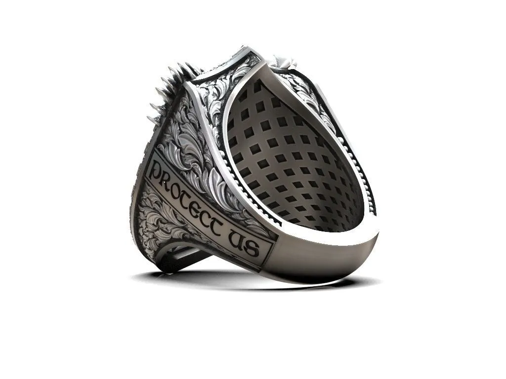 Silver ring featuring a detailed depiction of Saint Michael with dragon wings, symbolizing protection and strength, perfect for those who embrace a bold style.