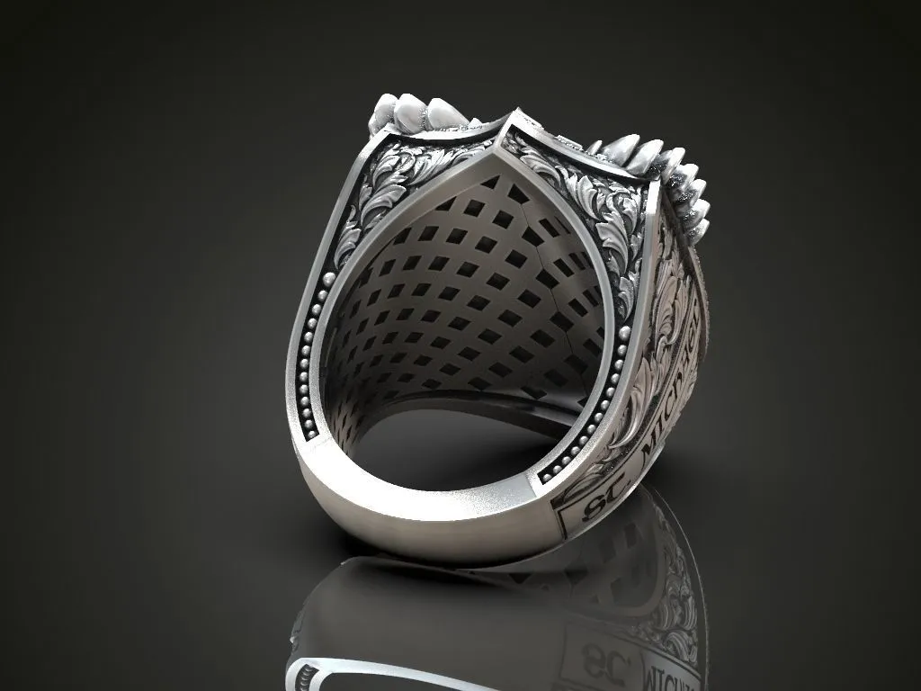 Silver ring featuring a detailed depiction of Saint Michael with dragon wings, symbolizing protection and strength, perfect for those who embrace a bold style.