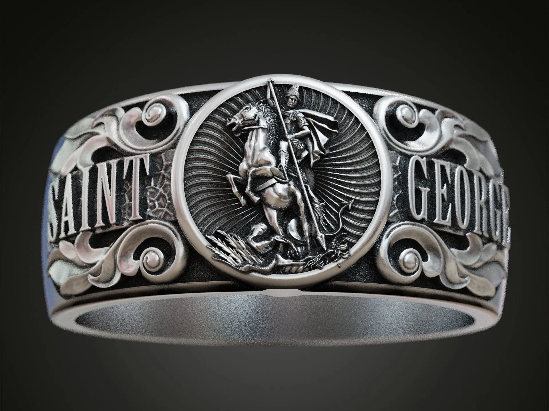 Silver band ring featuring a detailed depiction of Saint George, symbolizing courage and protection, perfect for those who embrace a bold expression of faith.