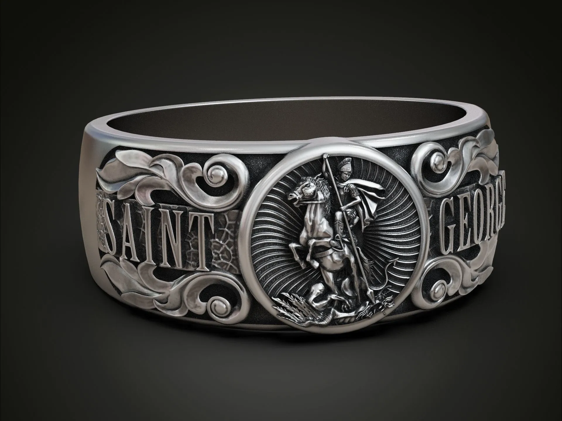 Silver band ring featuring a detailed depiction of Saint George, symbolizing courage and protection, perfect for those who embrace a bold expression of faith.