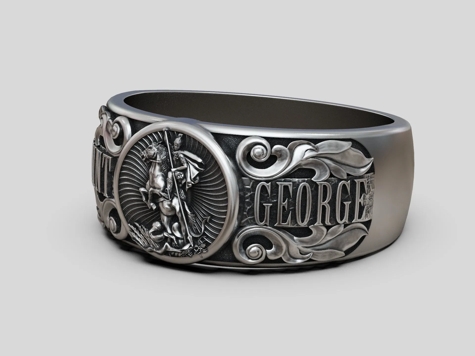 Silver band ring featuring a detailed depiction of Saint George, symbolizing courage and protection, perfect for those who embrace a bold expression of faith.