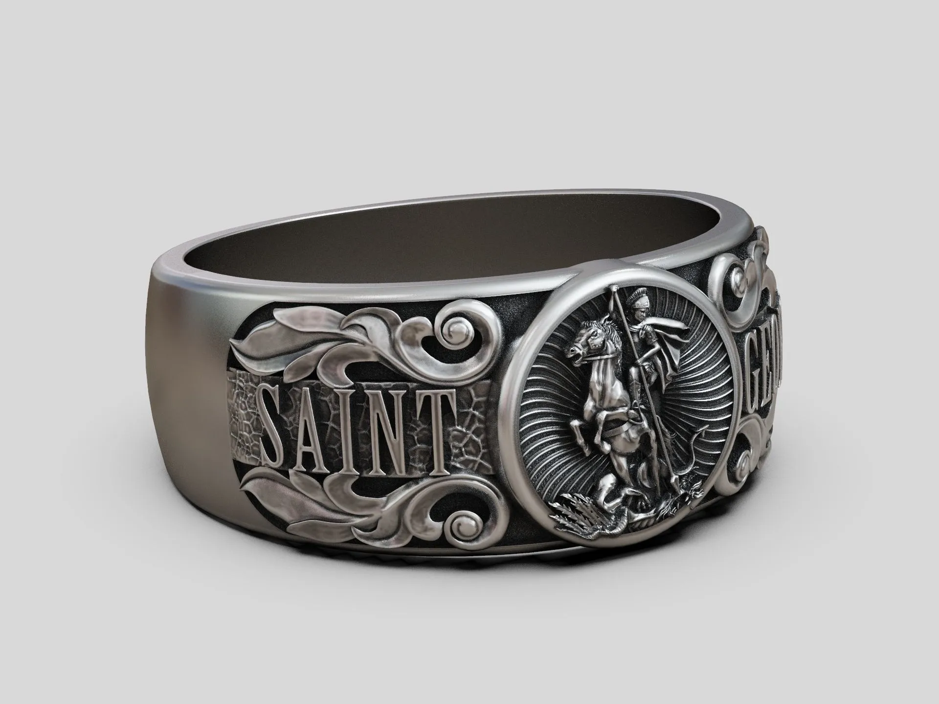 Silver band ring featuring a detailed depiction of Saint George, symbolizing courage and protection, perfect for those who embrace a bold expression of faith.