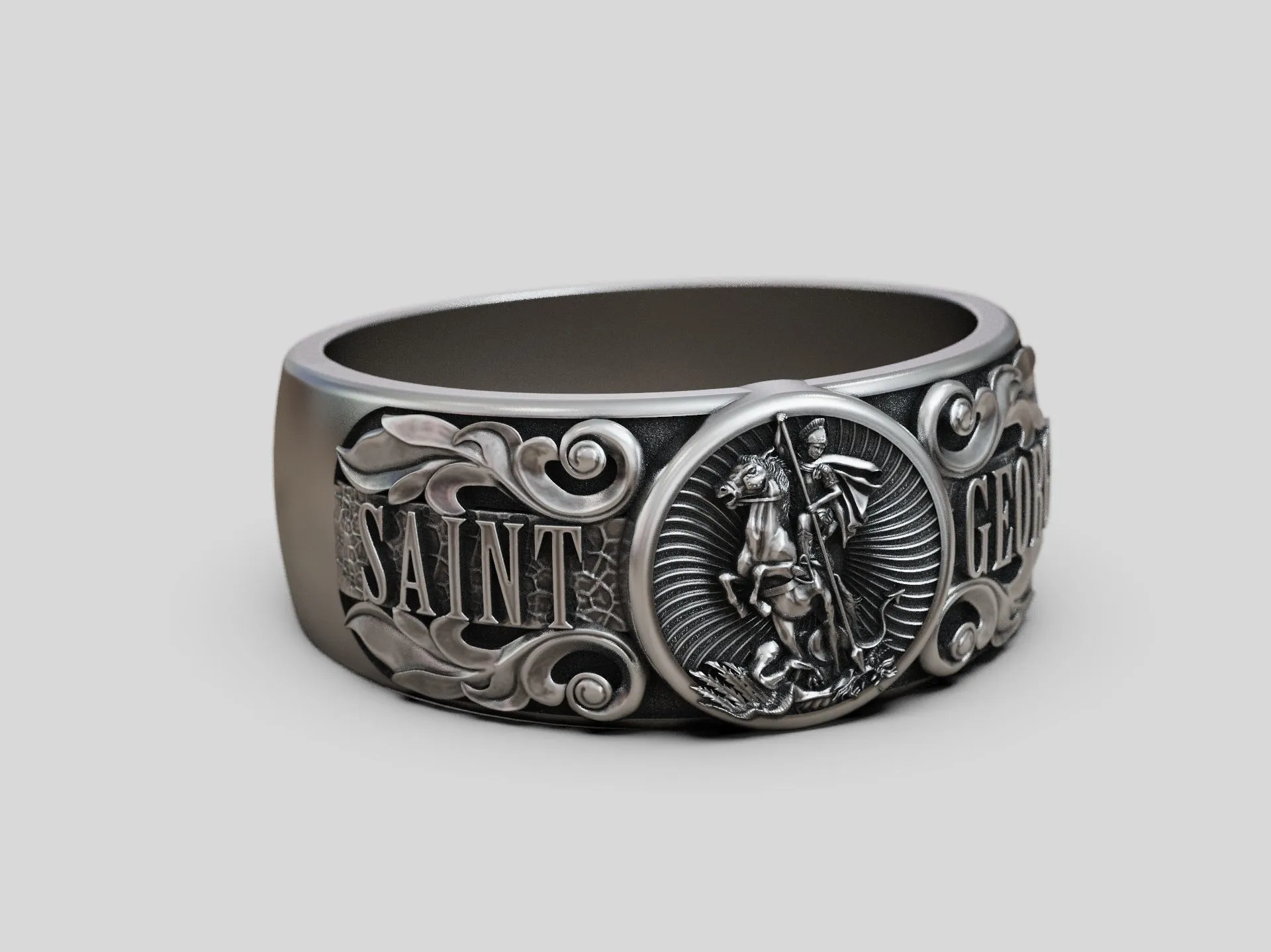 Silver band ring featuring a detailed depiction of Saint George, symbolizing courage and protection, perfect for those who embrace a bold expression of faith.