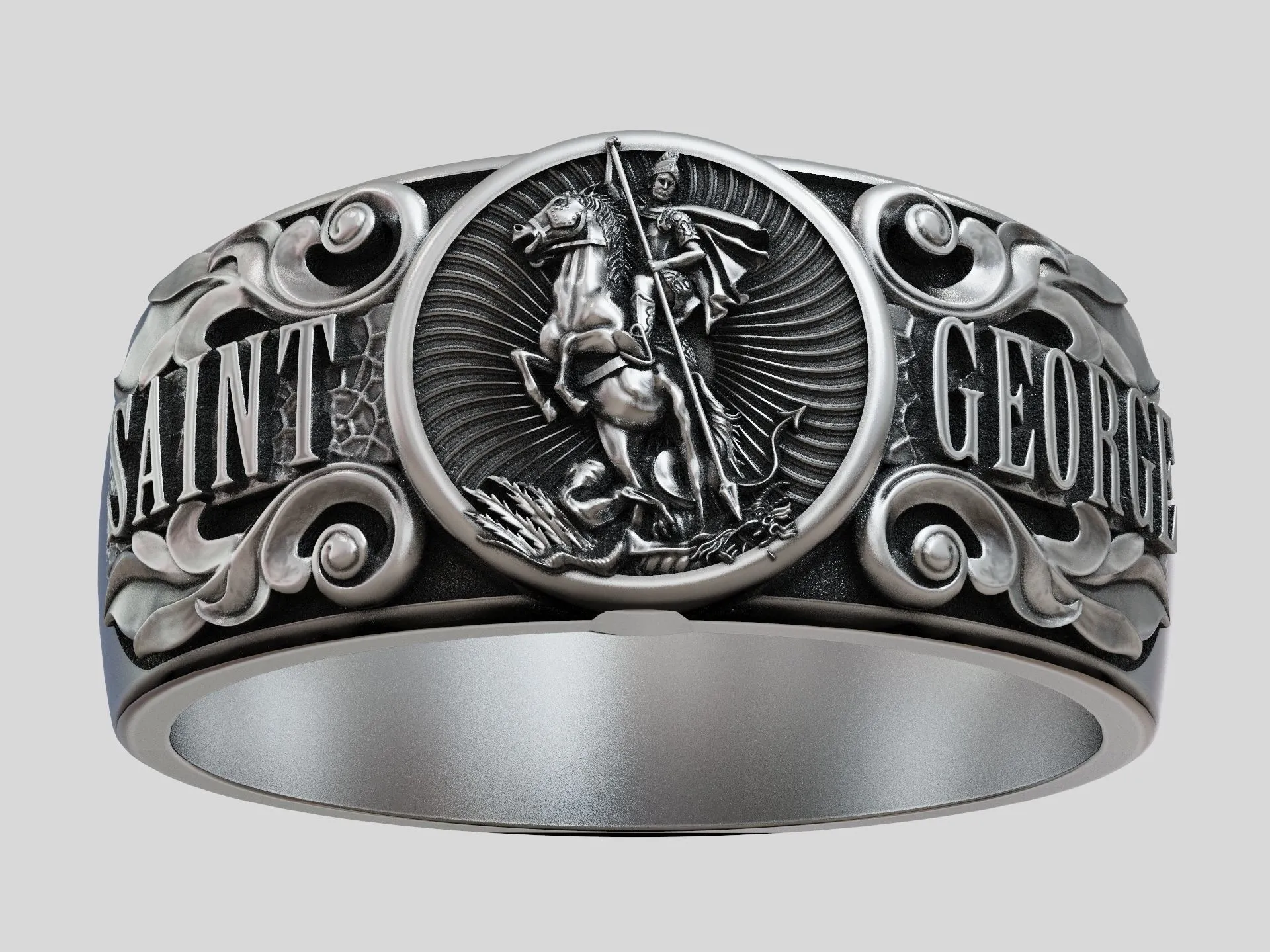 Silver band ring featuring a detailed depiction of Saint George, symbolizing courage and protection, perfect for those who embrace a bold expression of faith.