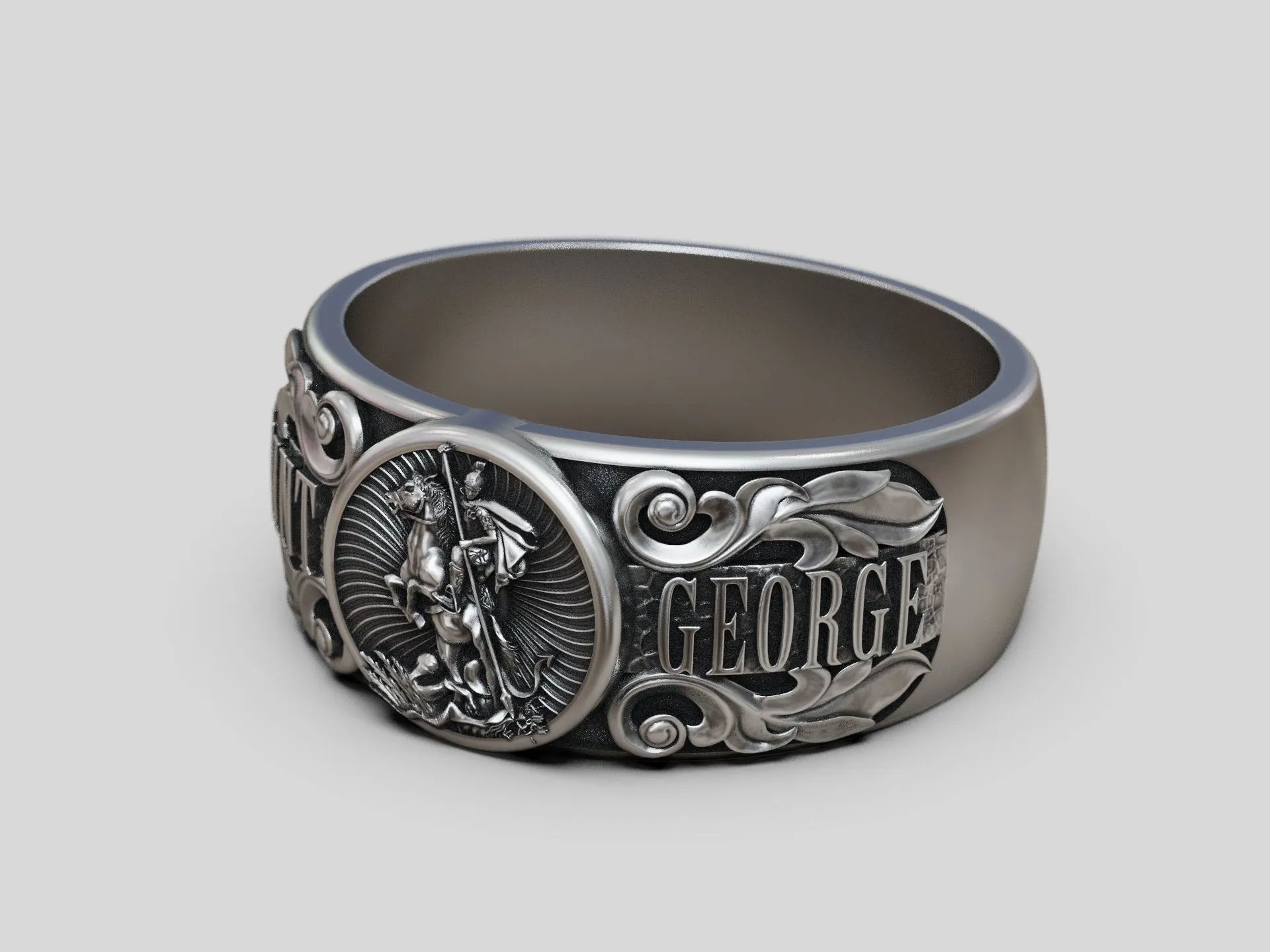 Silver band ring featuring a detailed depiction of Saint George, symbolizing courage and protection, perfect for those who embrace a bold expression of faith.