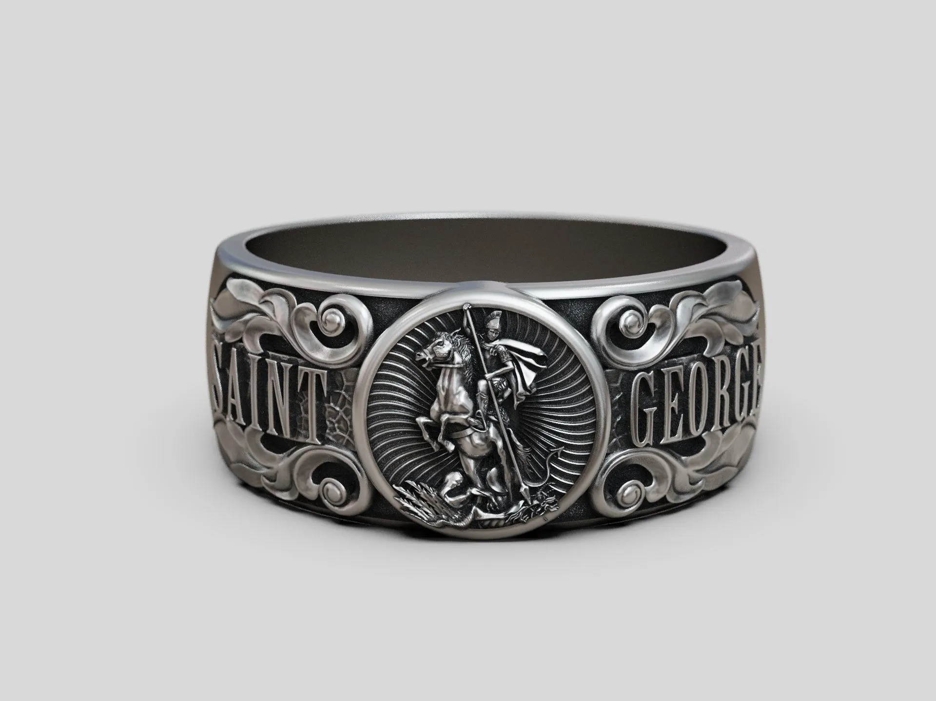 Silver band ring featuring a detailed depiction of Saint George, symbolizing courage and protection, perfect for those who embrace a bold expression of faith.