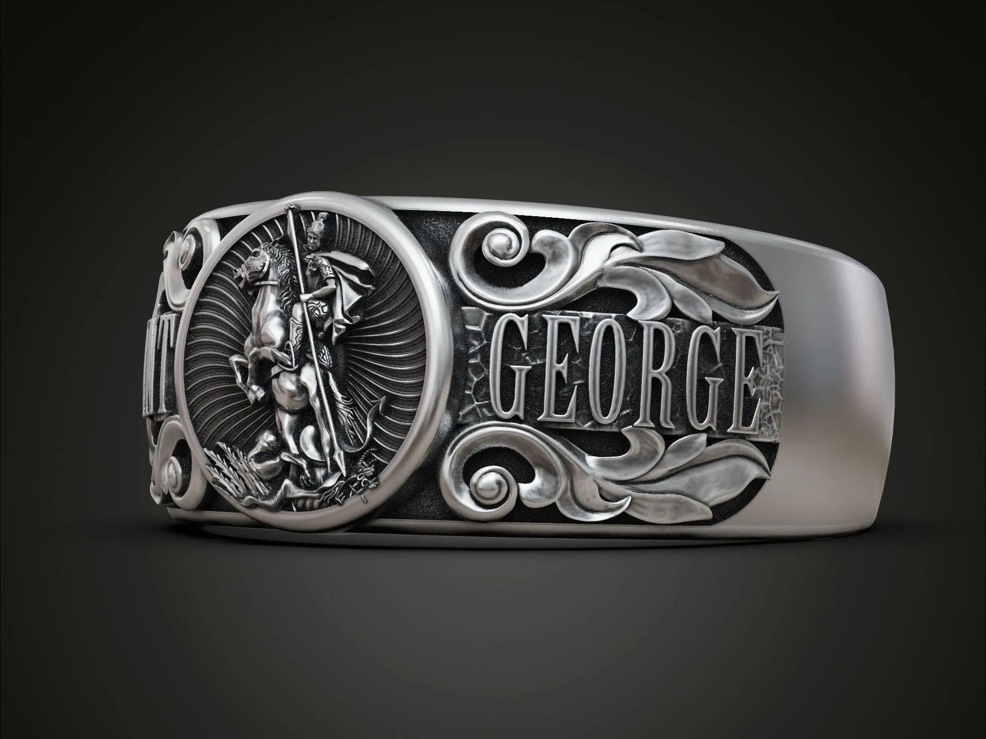 Silver band ring featuring a detailed depiction of Saint George, symbolizing courage and protection, perfect for those who embrace a bold expression of faith.