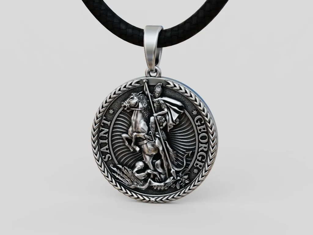 Saint George Round Pendant.-10 Silver round pendant depicting Saint George slaying the dragon, symbolizing courage and protection.