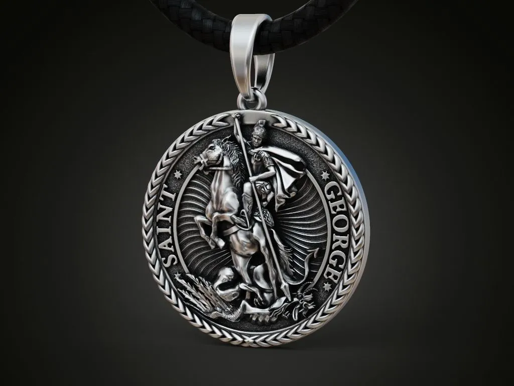 Saint George Round Pendant.-2 Silver round pendant depicting Saint George slaying the dragon, symbolizing courage and protection.