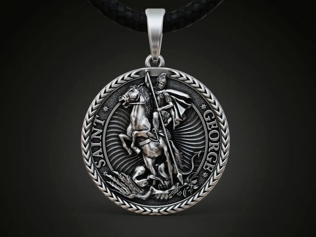 Saint George Round Pendant.-4 Silver round pendant depicting Saint George slaying the dragon, symbolizing courage and protection.