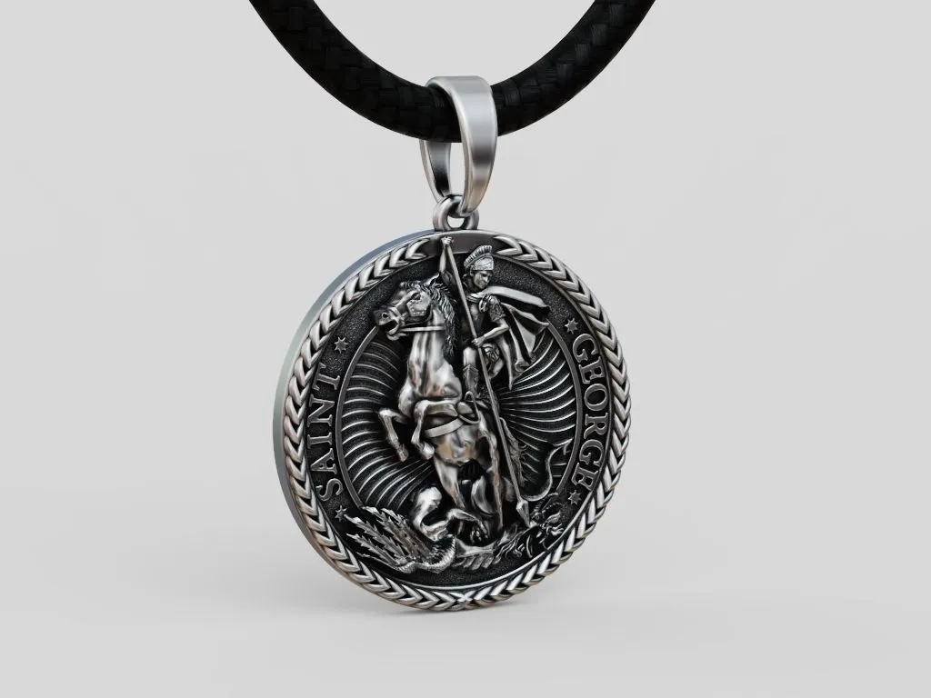 Saint George Round Pendant.-7 Silver round pendant depicting Saint George slaying the dragon, symbolizing courage and protection.