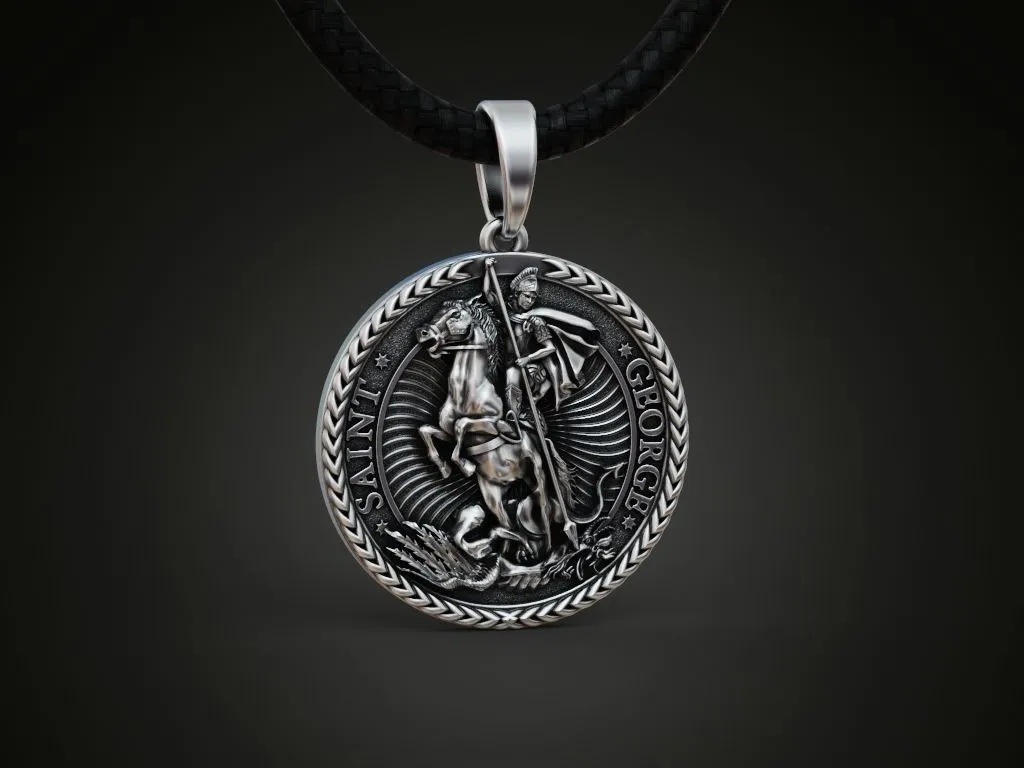 Saint George Round Pendant.-8 Silver round pendant depicting Saint George slaying the dragon, symbolizing courage and protection.