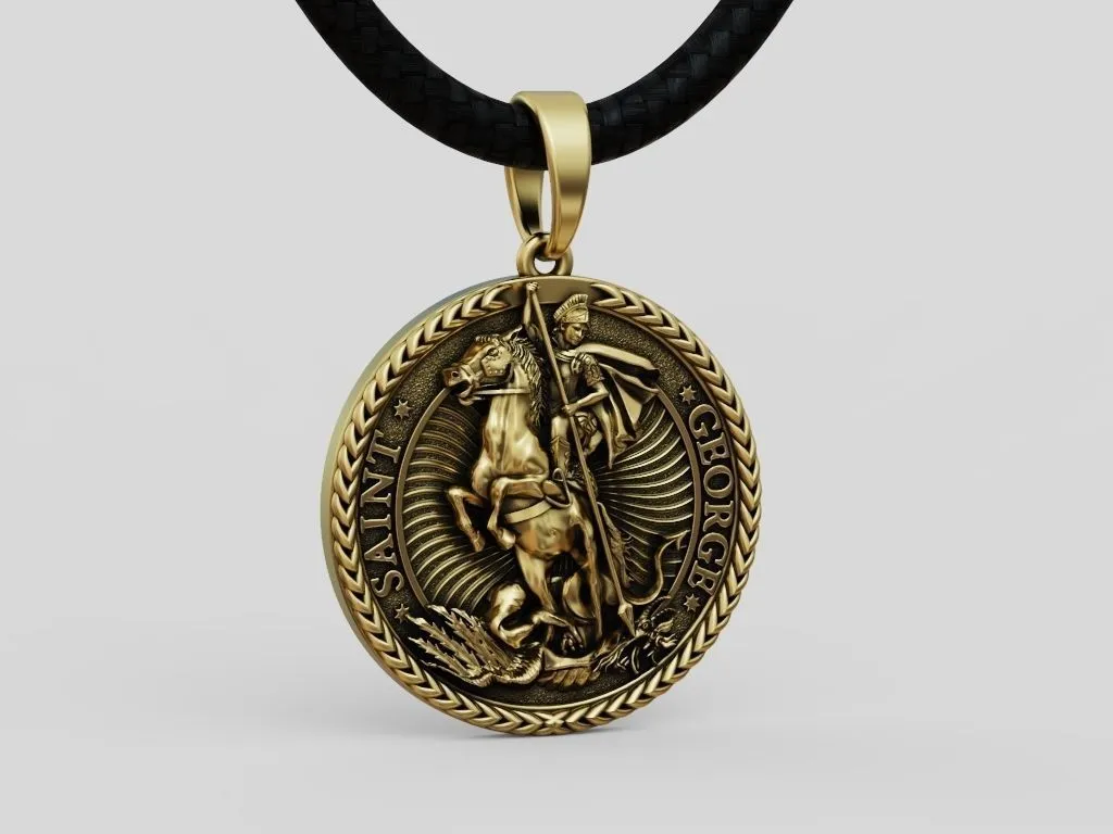 Saint George Round Pendant.-9 Silver round pendant depicting Saint George slaying the dragon, symbolizing courage and protection.