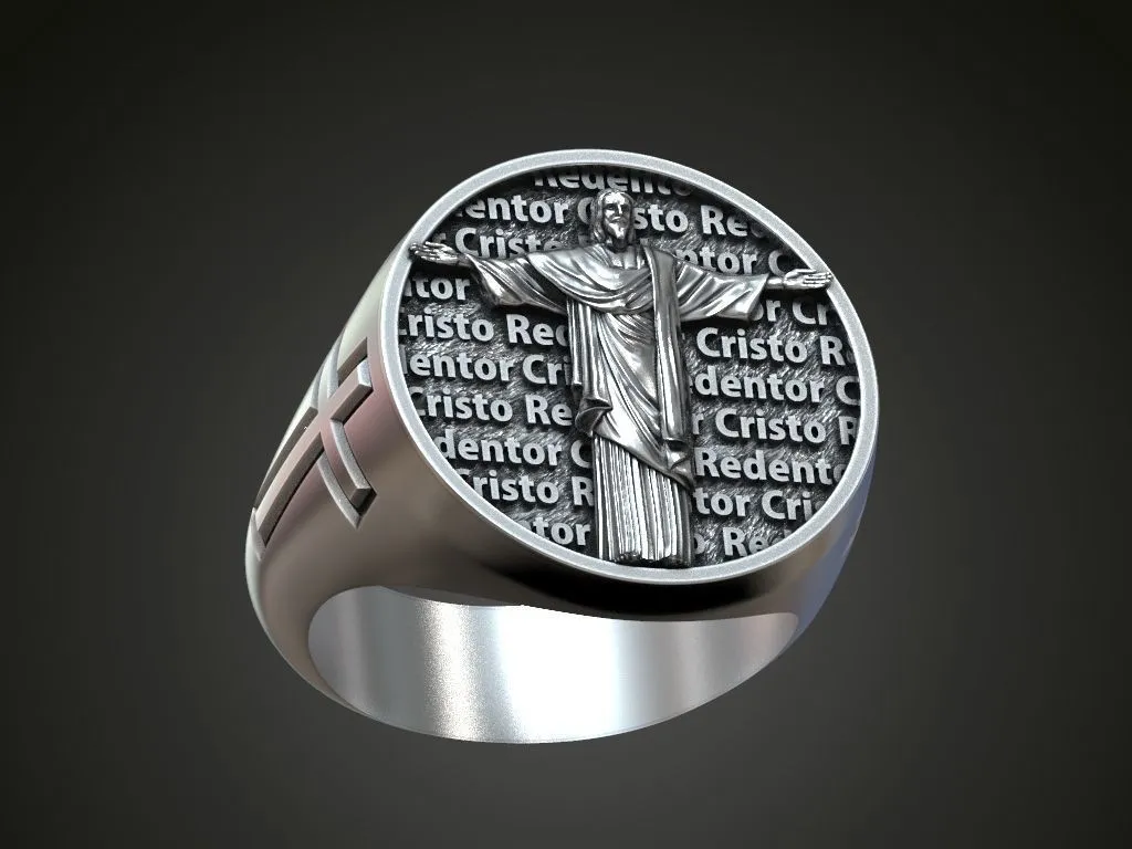 Silver signet ring featuring a detailed depiction of Cristo Redentor, symbolizing grace and protection, perfect for those who embrace a bold style.