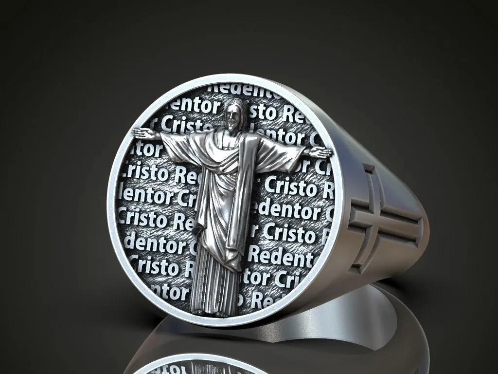 Silver signet ring featuring a detailed depiction of Cristo Redentor, symbolizing grace and protection, perfect for those who embrace a bold style.
