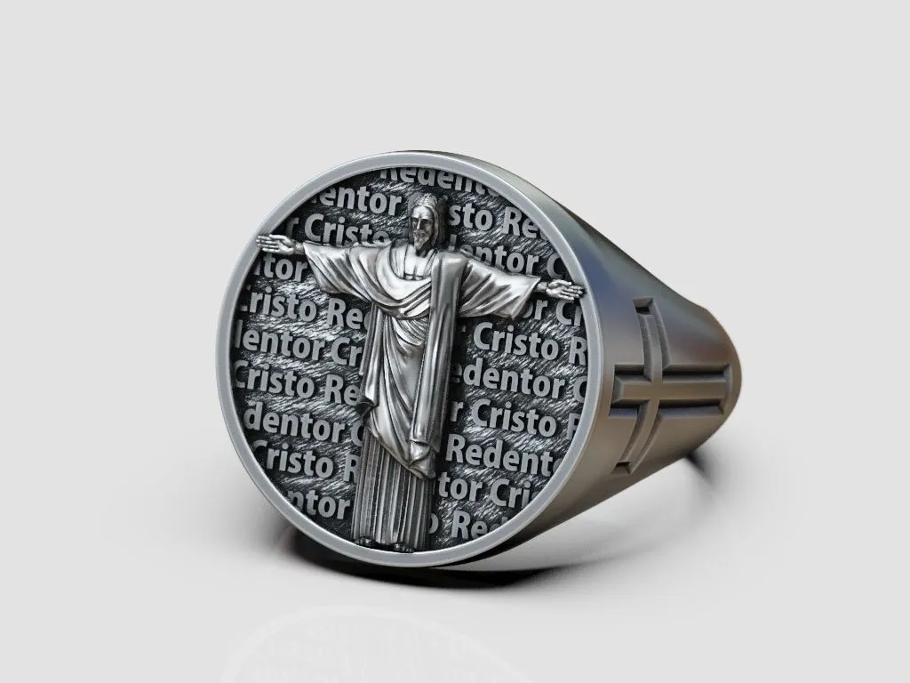 Silver signet ring featuring a detailed depiction of Cristo Redentor, symbolizing grace and protection, perfect for those who embrace a bold style.