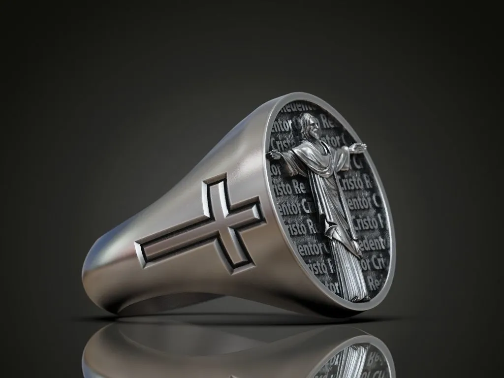 Silver signet ring featuring a detailed depiction of Cristo Redentor, symbolizing grace and protection, perfect for those who embrace a bold style.