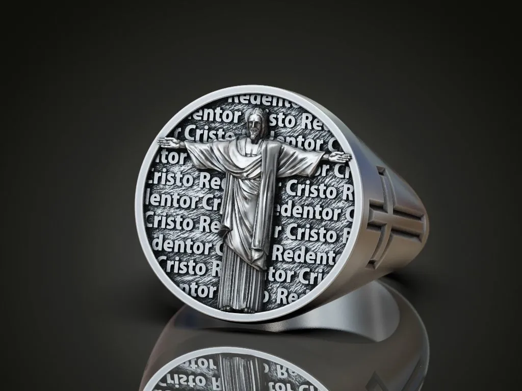 Silver signet ring featuring a detailed depiction of Cristo Redentor, symbolizing grace and protection, perfect for those who embrace a bold style.