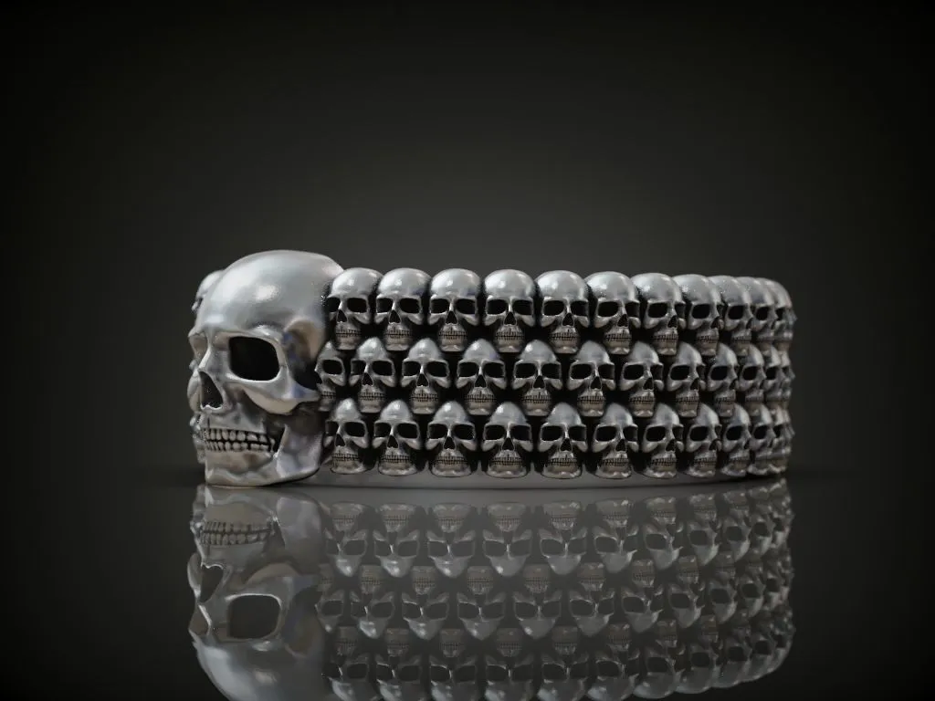 Skulls Men's Silver Biker Band Ring-12 Silver biker band ring featuring detailed skulls, symbolizing strength and resilience, perfect for those who embrace a bold style.