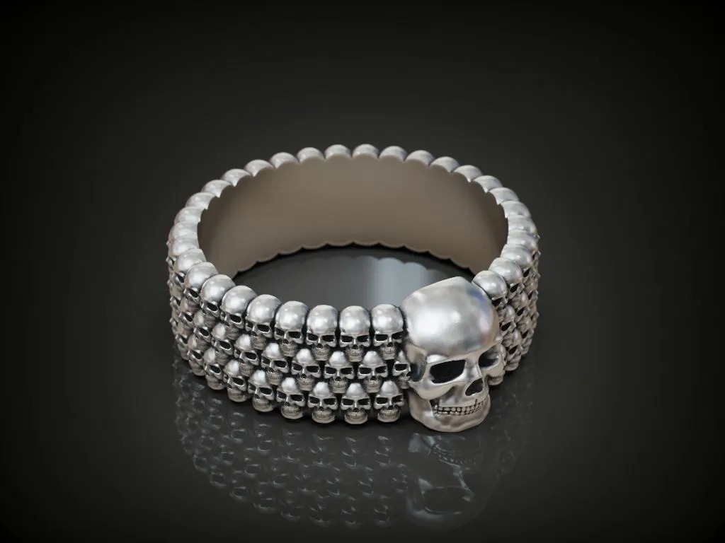Skulls Men's Silver Biker Band Ring-3 Silver biker band ring featuring detailed skulls, symbolizing strength and resilience, perfect for those who embrace a bold style.