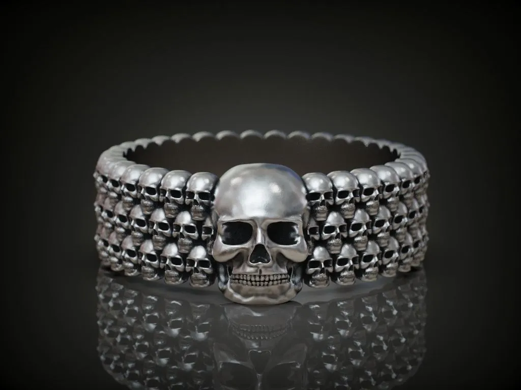 Skulls Men's Silver Biker Band Ring-4 Silver biker band ring featuring detailed skulls, symbolizing strength and resilience, perfect for those who embrace a bold style.