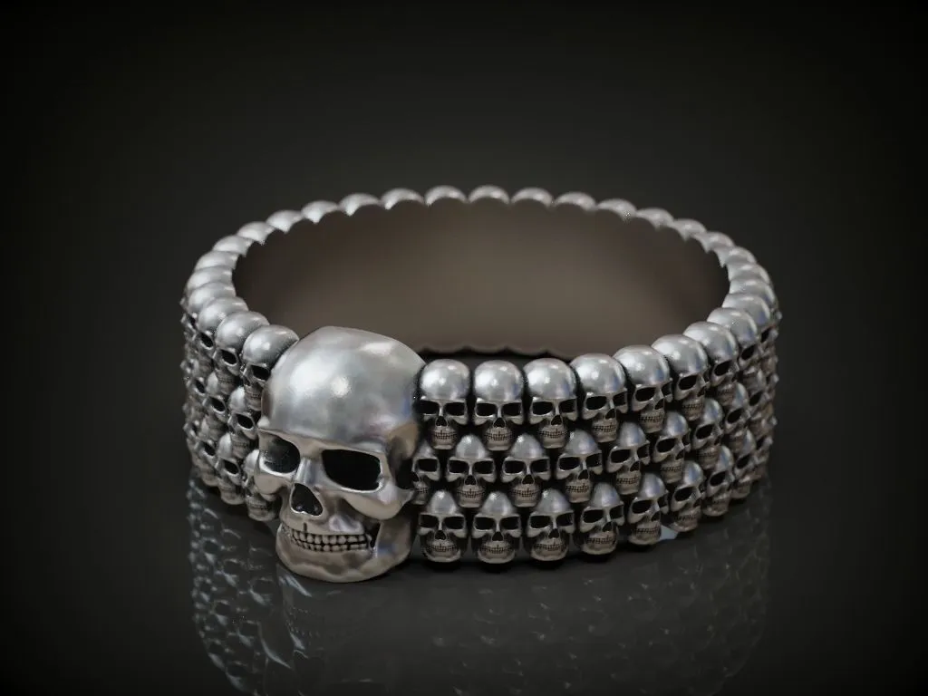 Skulls Men's Silver Biker Band Ring-5 Silver biker band ring featuring detailed skulls, symbolizing strength and resilience, perfect for those who embrace a bold style.