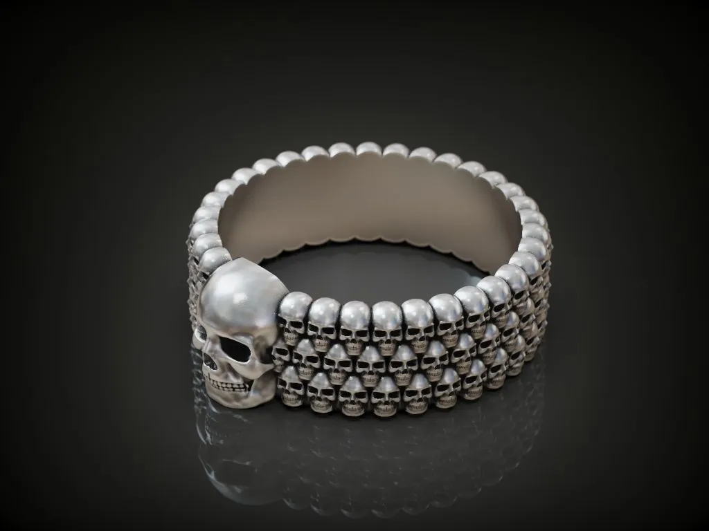 Skulls Men's Silver Biker Band Ring-6 Silver biker band ring featuring detailed skulls, symbolizing strength and resilience, perfect for those who embrace a bold style.