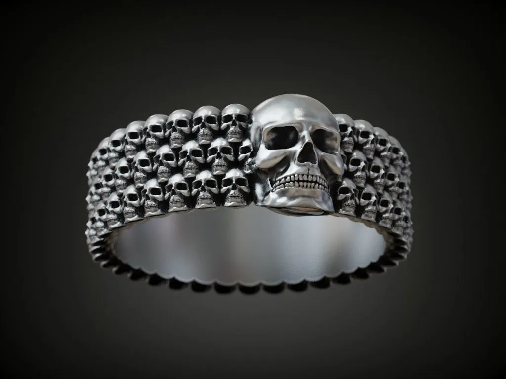 Skulls Men's Silver Biker Band Ring-7 Silver biker band ring featuring detailed skulls, symbolizing strength and resilience, perfect for those who embrace a bold style.