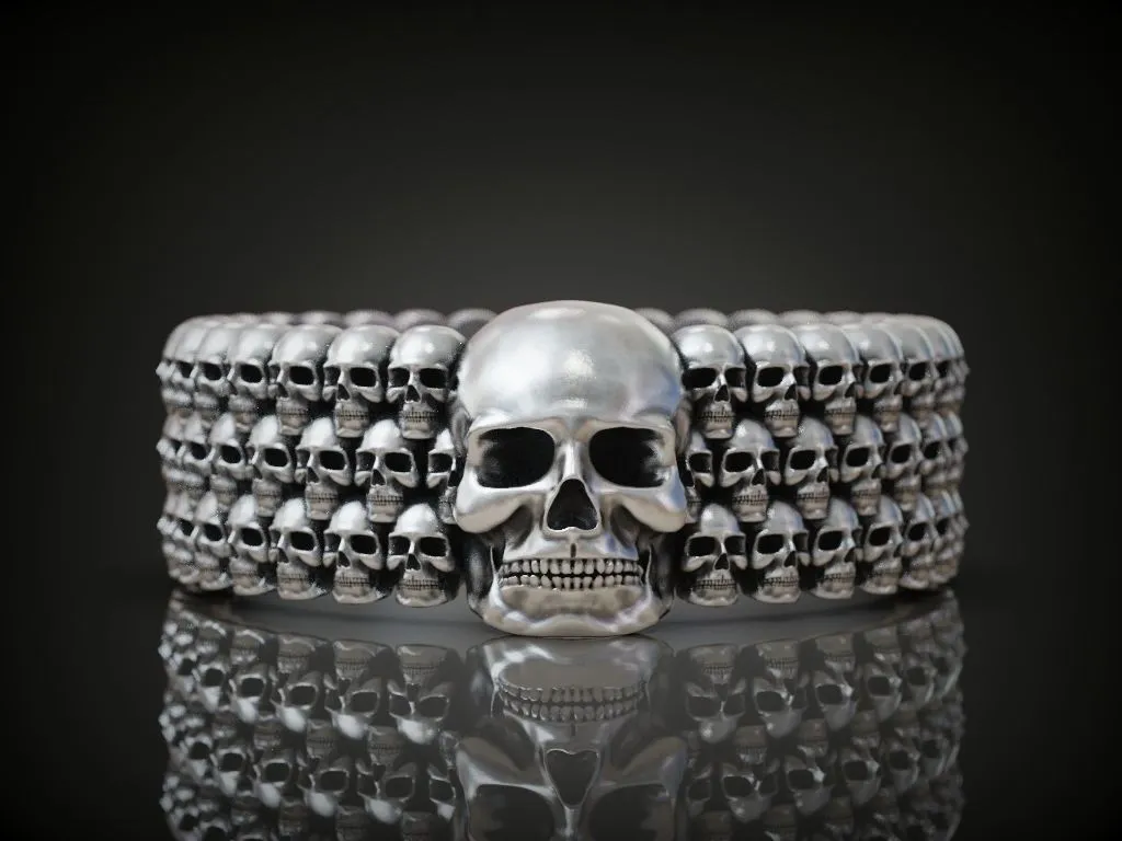 Skulls Men's Silver Biker Band Ring-9 Silver biker band ring featuring detailed skulls, symbolizing strength and resilience, perfect for those who embrace a bold style.