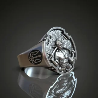 Silver ring featuring a detailed depiction of a Ukrainian warrior, Cossack, and trident, symbolizing strength and heritage, perfect for those who embrace a bold style.