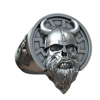 Silver ring featuring a detailed depiction of an undead Viking adorned with the Black Sun, symbolizing resilience and strength, perfect for those who embrace a bold style.